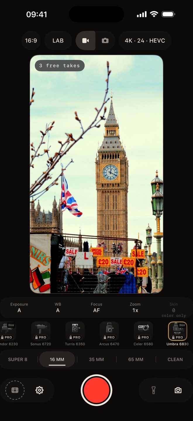 hazecam screen with the strip of 7 vintage cameras and Big Ben in the viewfinder