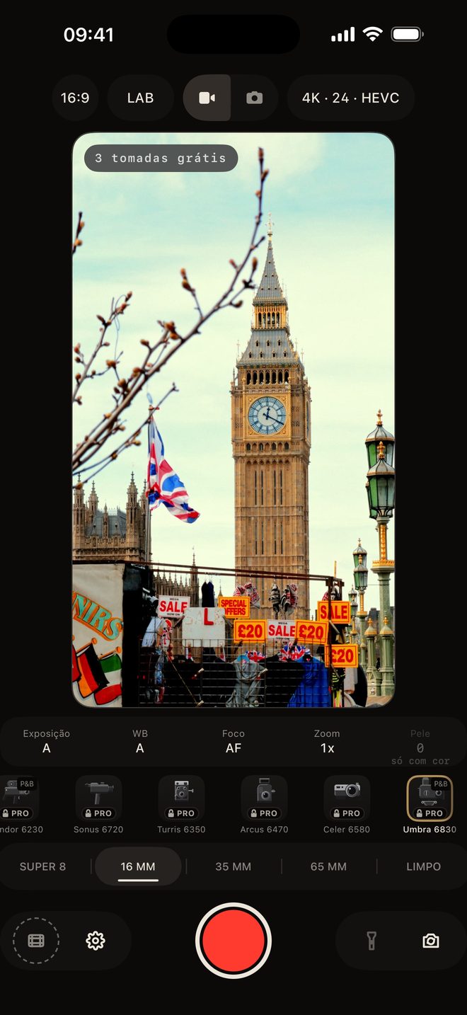 Tela da hazecam com a fita das 7 câmeras vintage e o Big Ben no visor