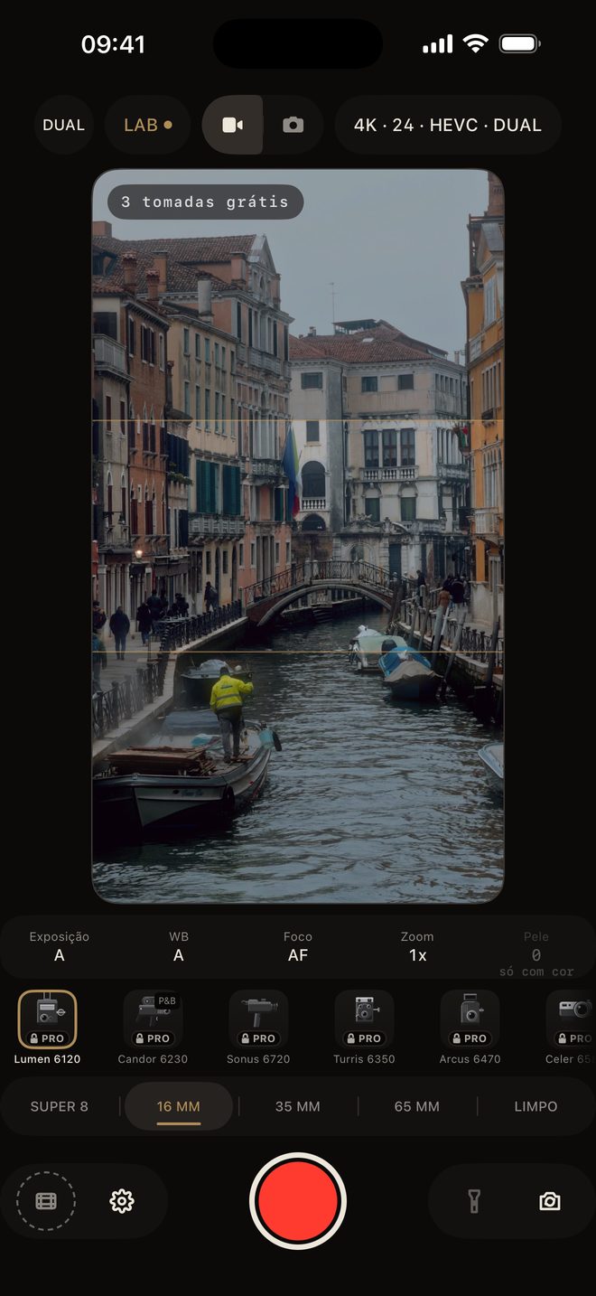 Tela da hazecam em Dual Shot, com a faixa do quadro horizontal sobre um canal de Veneza