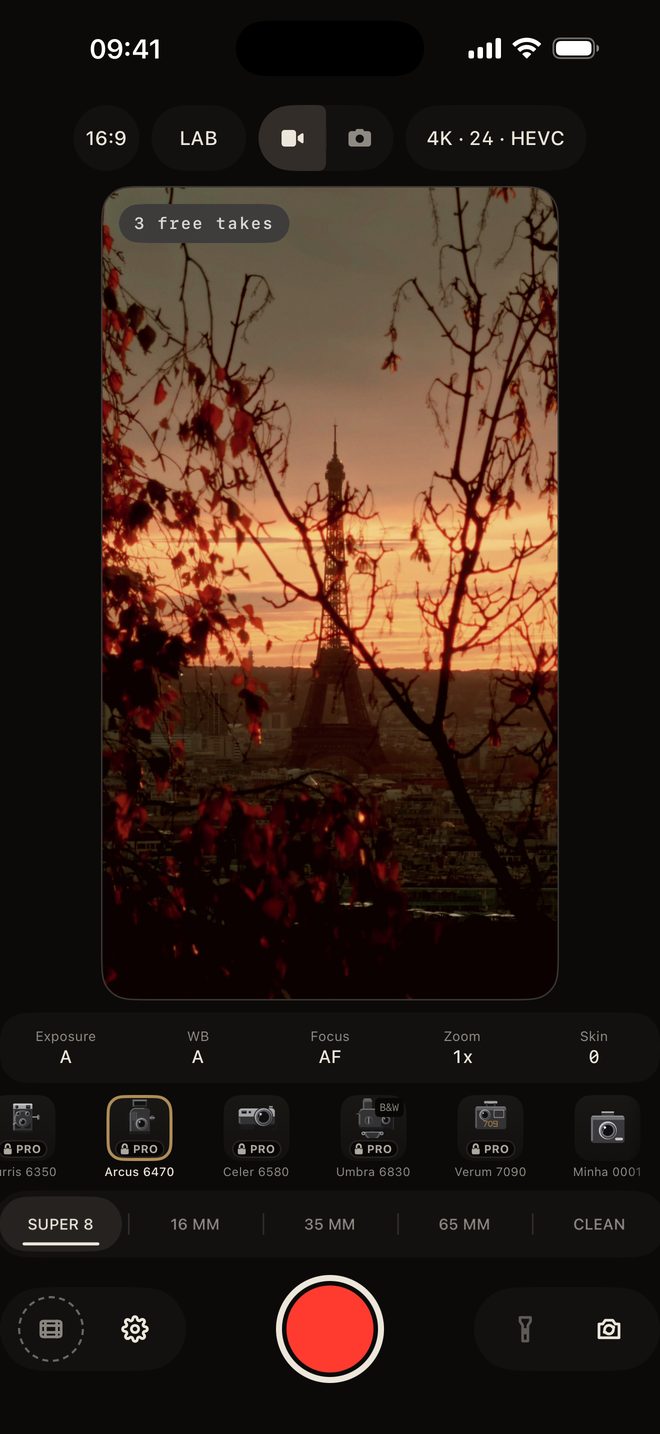 hazecam screen with the Eiffel Tower at sunset inside the viewfinder