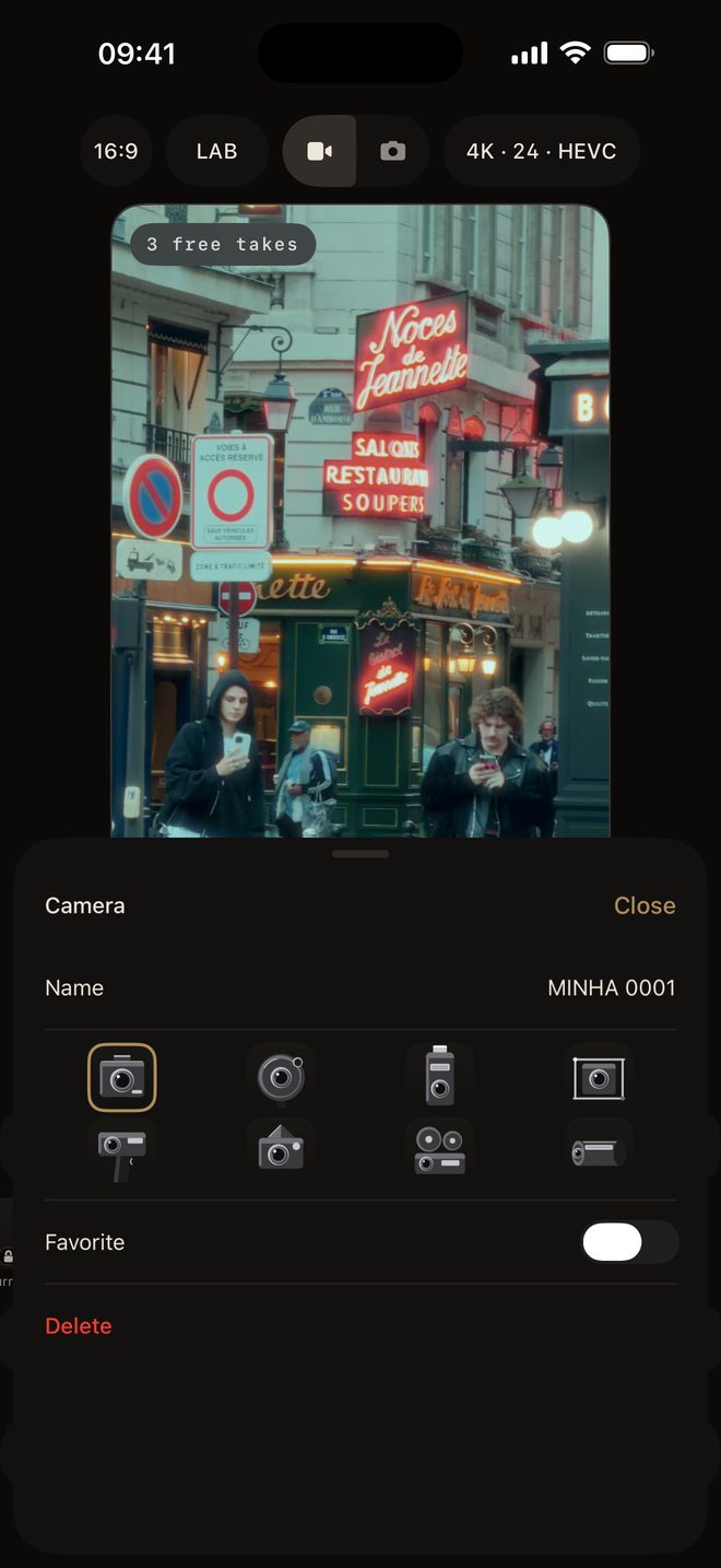 hazecam screen with the camera sheet open to name an imported LUT and pick its icon